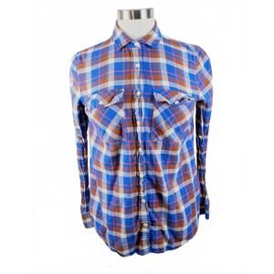 J Crew Womens Stretch Cotton Button Up Blue Brown Plaid Flannel Shirt Size 2